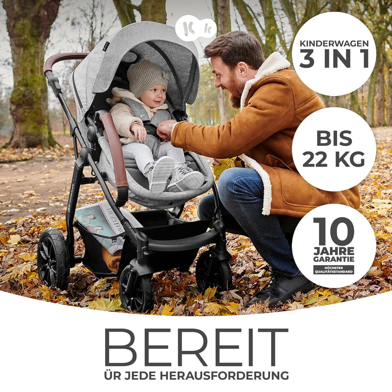 Kinderkraft MOOV Kinderwagen 3 in 1 Kinderwagenset bis 26 kg mit Kindersitz I-SIZE 40-75 cm, Buggy Funktion, Liegeposition verstellbar, Große ausziehbare Verdeck, Zubehör inklusive, Schwarz