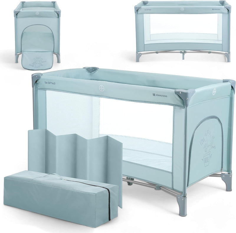 KikkaBoo Reisebett Baby SO GIFTED, Kinderreisebett 120x60 cm, bis 15 kg, Faltbar & Kompakt, Tragbar mit Transporttasche, Zusammenklappbar für Reise & Urlaub, Minze