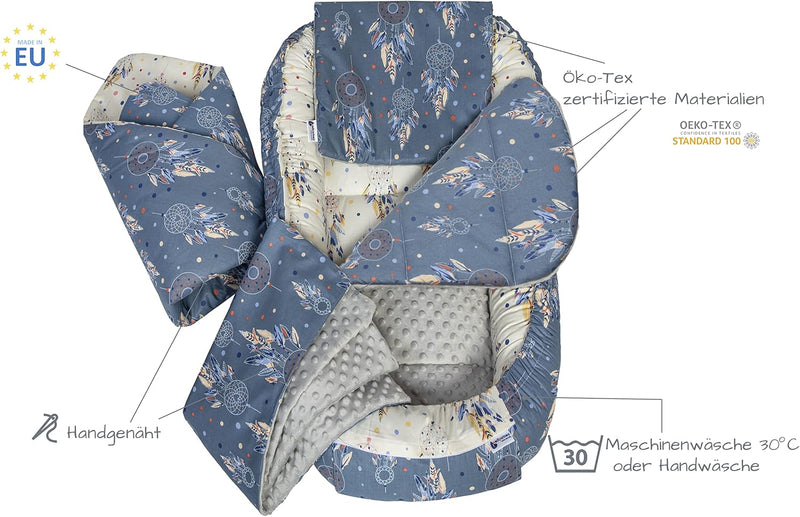 Medi Partners Babynest Nestchen Baby Set für Neugeborene - 100x60x15 Kuschelnest 5 teilig tragbar Nest zweiseitig Babynestchen Bett 100% Baumwolle (Traumfänger mit grauen Minky)
