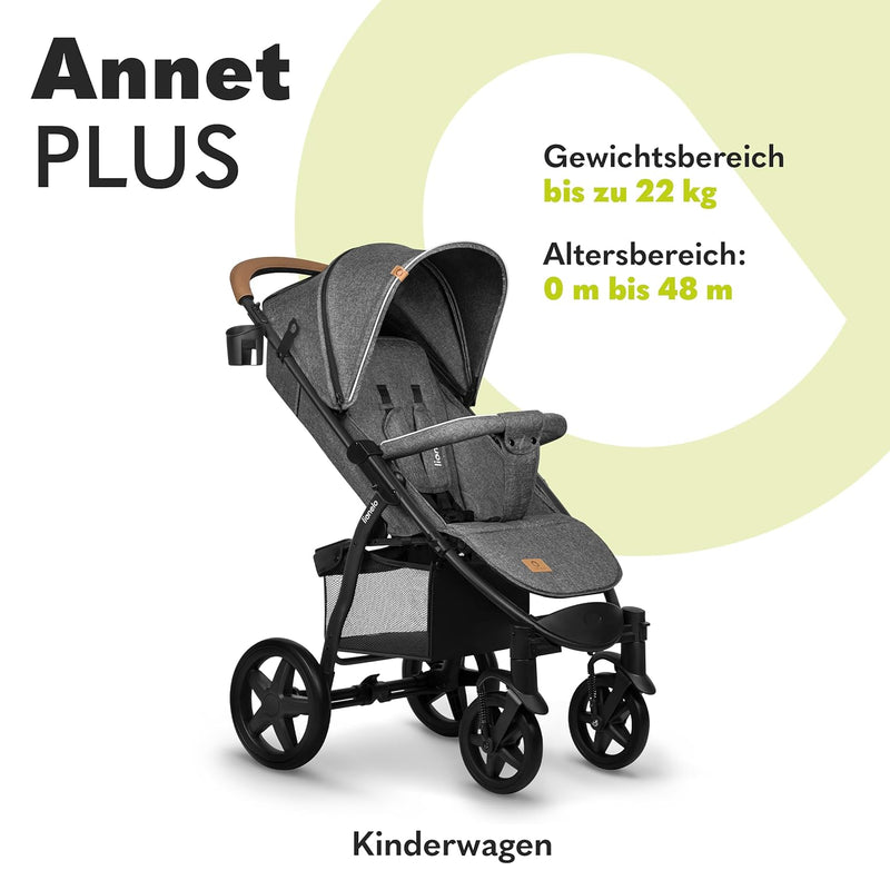 LIONELO Annet Plus Buggy bis 22 kg mit Liegefunktion, Kinderwagen klein zusammenklappbar mit Zubehör, Eva-Schaum-Räder, Moskitonetz, Fußdecke Getränkehalter, Korb