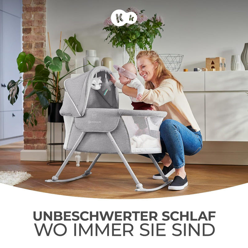 Kinderkraft Kinderbett 3 in 1 LOVI, Kinderreisebett, Stubenwagen, Babywiege, Baby Wippe, Zusammenklappbar, Einfach Transport, mit Zubehör, Tasche, Moskitonetz