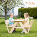 PINOLINO Nicki 4er Kindersitzgruppe mit Lehne - Kindertisch - Picknicktisch aus Massivholz, Kinder Spielbar - Sitzbank für draußen, Kindergartenmöbel ab 2 Jahren, Outdoor-Tisch 90 x 105 x 51 cm
