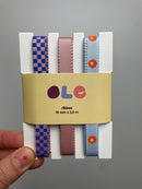 Ripsband • Ole • Schachbrett + Uni + Blume • 3er Set