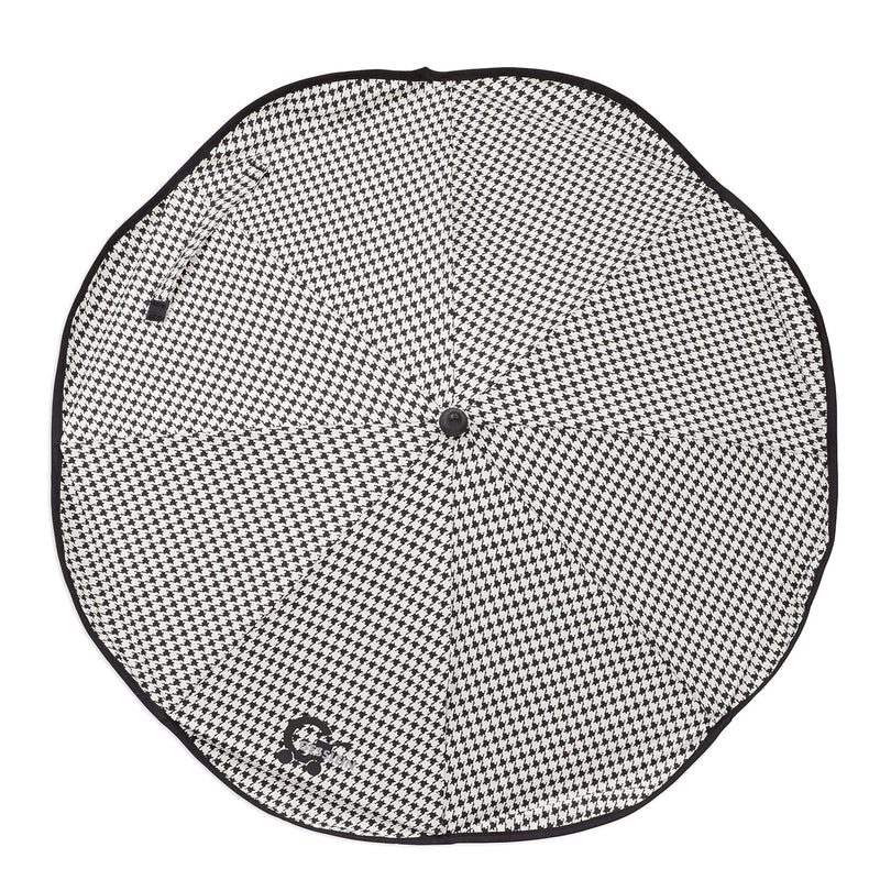 Sonnenschirm Design 153 mit Universalhalterung von Gesslein, Sonnenschutz für Kinderwagen & Buggys│70cm Durchmesser, biegsam, 3-fach verstellbar, für Rund- und Ovalrohre, Hahnentritt schwarz/natur