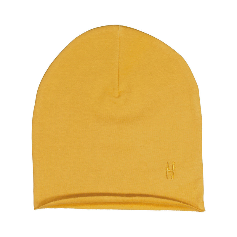 Organic cotton beanie, brushed inside for comfort and warmth, in Amber Gold