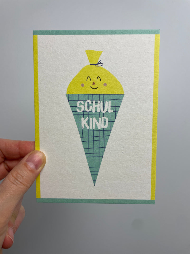 Postkarte Schulkind • Gesicht hellblau/zitronengelb