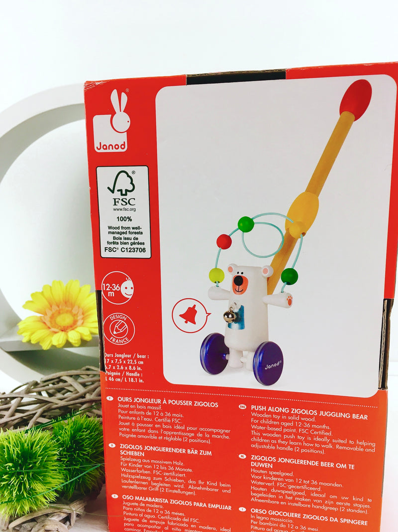 Janod Push Animal, Zigolos Juggling Bear to Push, Wood