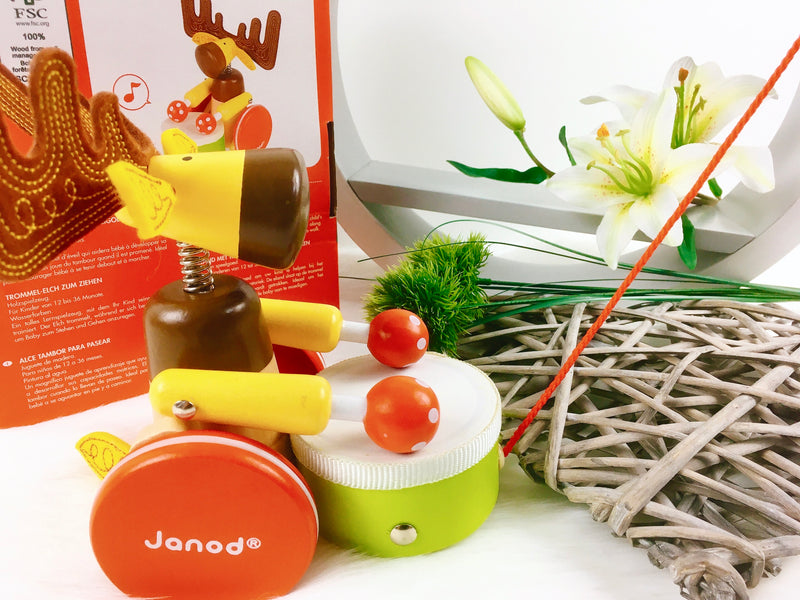 Janod Pull-Along Drum Moose, Wood