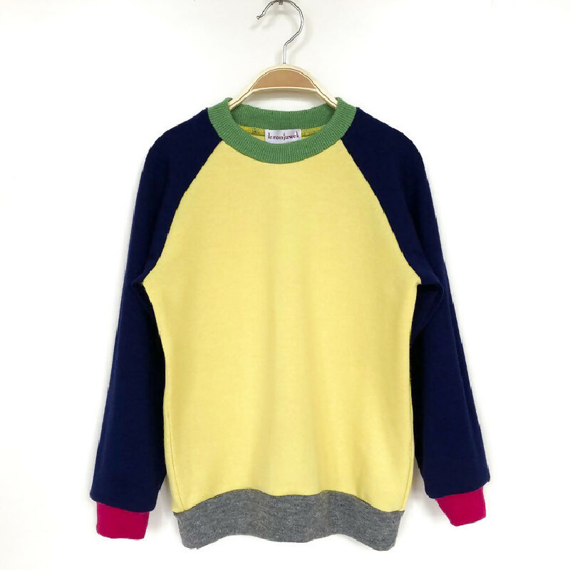 kronjuwel Wollpullover 128 gelb blau Upcycling