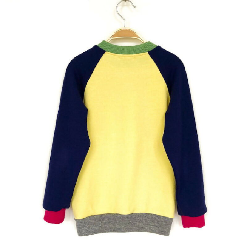 kronjuwel Wollpullover 128 gelb blau Upcycling