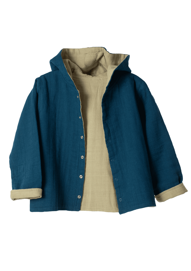 Organic by Feldman Cardigan reversible Play of Colors Petrol-blue Sage-green organic muslin