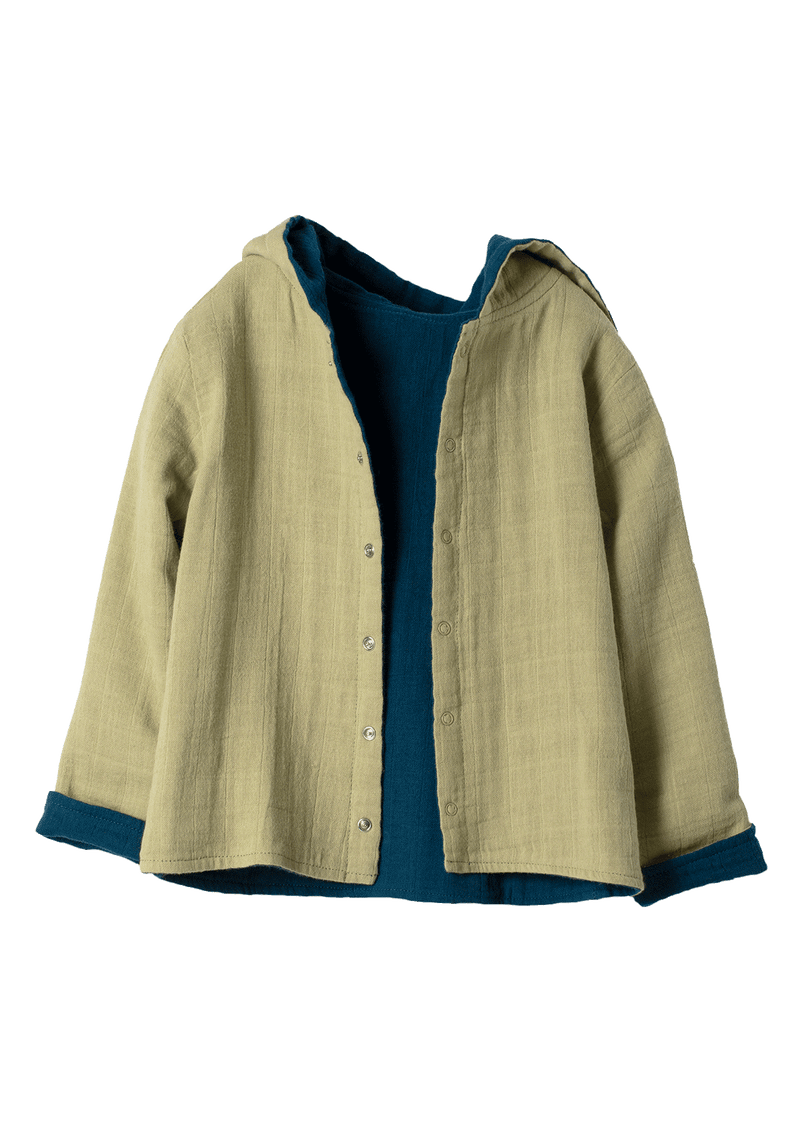 Organic by Feldman Cardigan reversible Play of Colors Petrol-blue Sage-green organic muslin