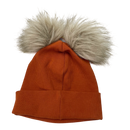Metsola knitted cotton beanie with fur poms, mahogany | 1-2y
