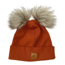 Metsola knitted cotton beanie with fur poms, mahogany | 1-2y
