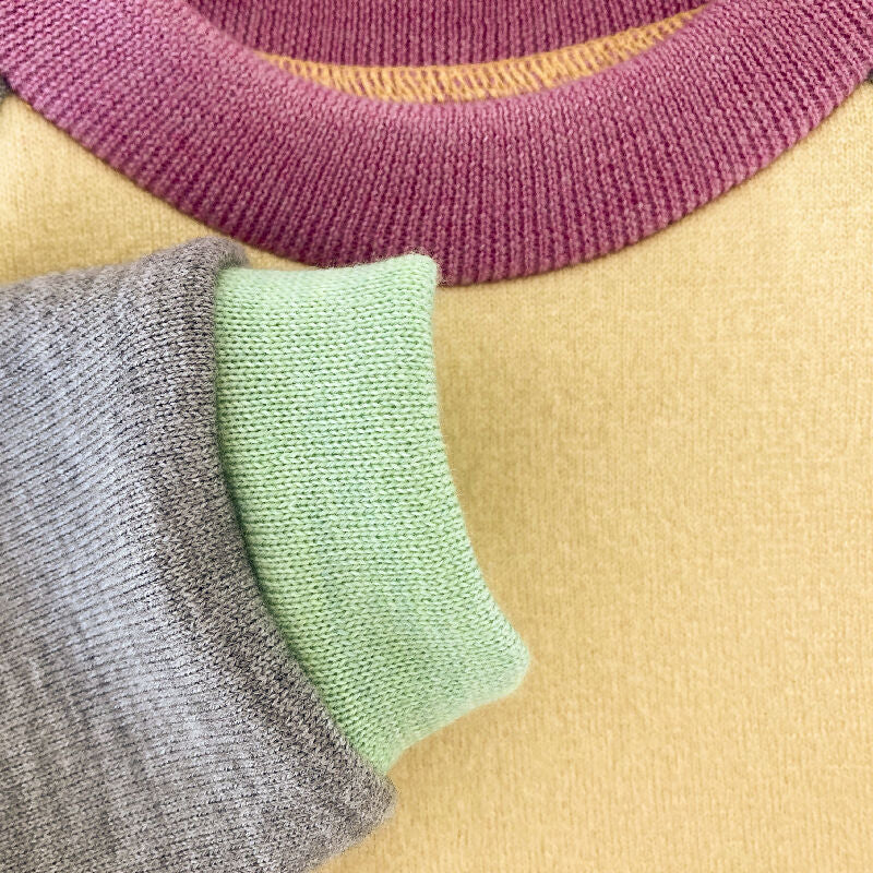 kronjuwel Wollpullover 104/110 hellgelb grau pastell Upcycling