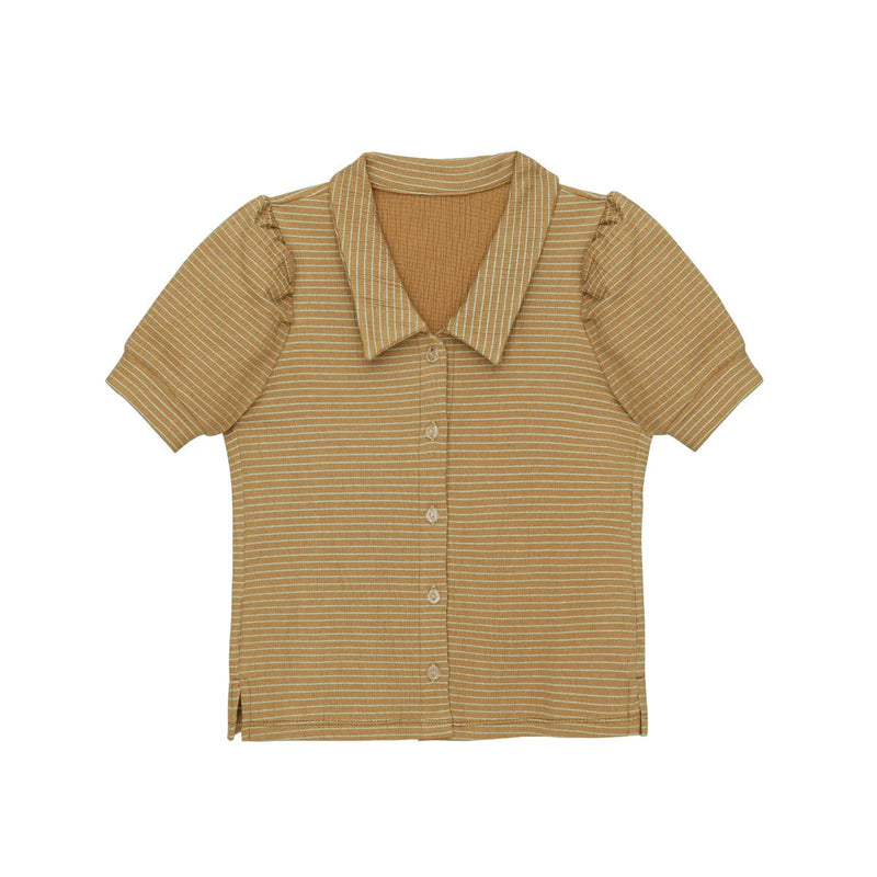 Little Hedonist puff sleeve blouse in Amber Gold for girls. This button down shirt is made from organic cotton. Sustainable kids clothing.