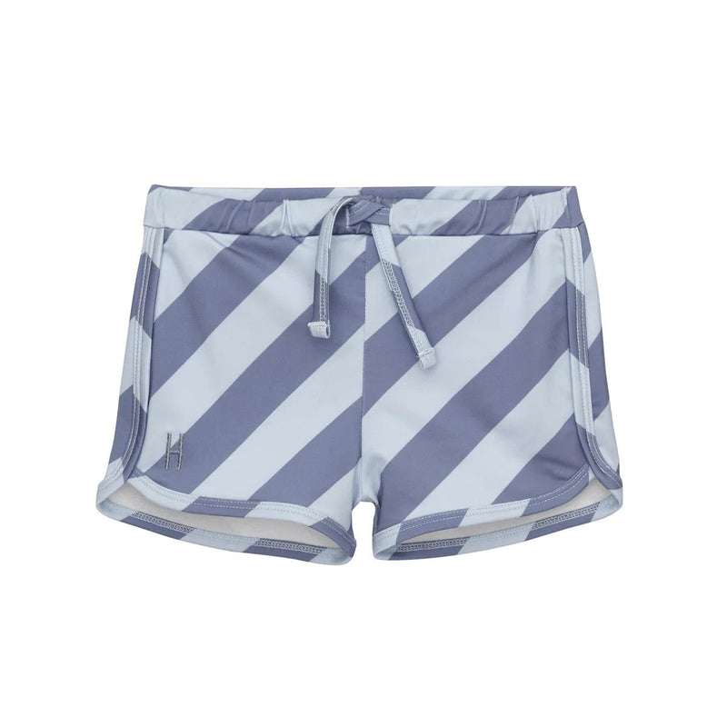 Little Hedonist unisex swim shorts made of recycled polyamide, with diagonal blue stripes