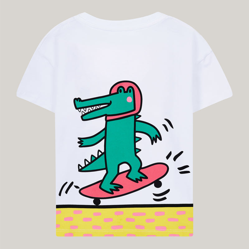 T-Shirt aus Baumwolle mit Print: Krokodil auf Skateboard