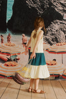Tilda Kleid in hellgelb und petrol farben für Kinder 98/104 & 110/116
