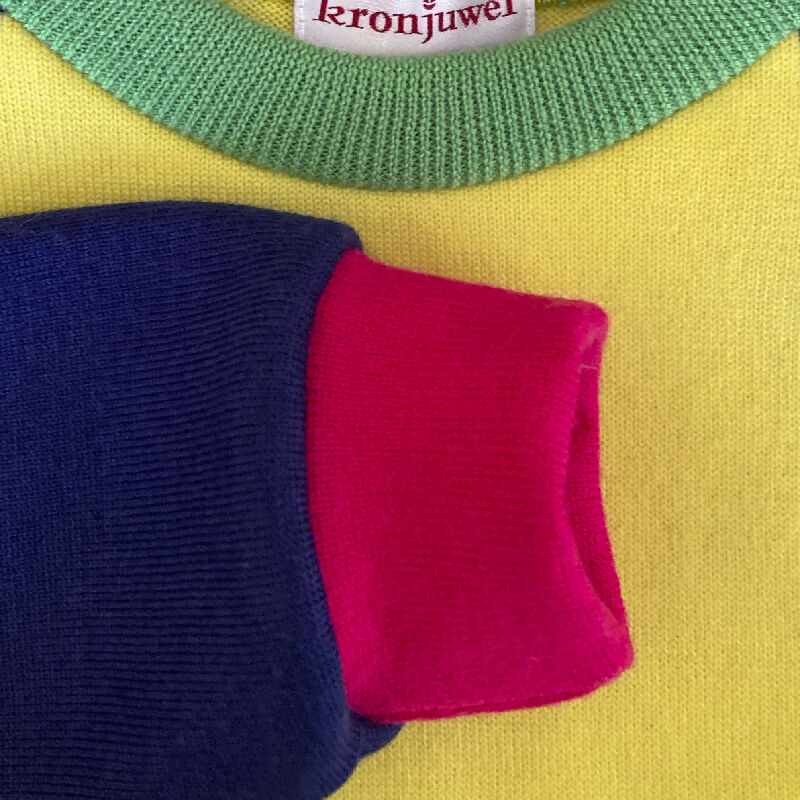 kronjuwel Wollpullover 128 gelb blau Upcycling