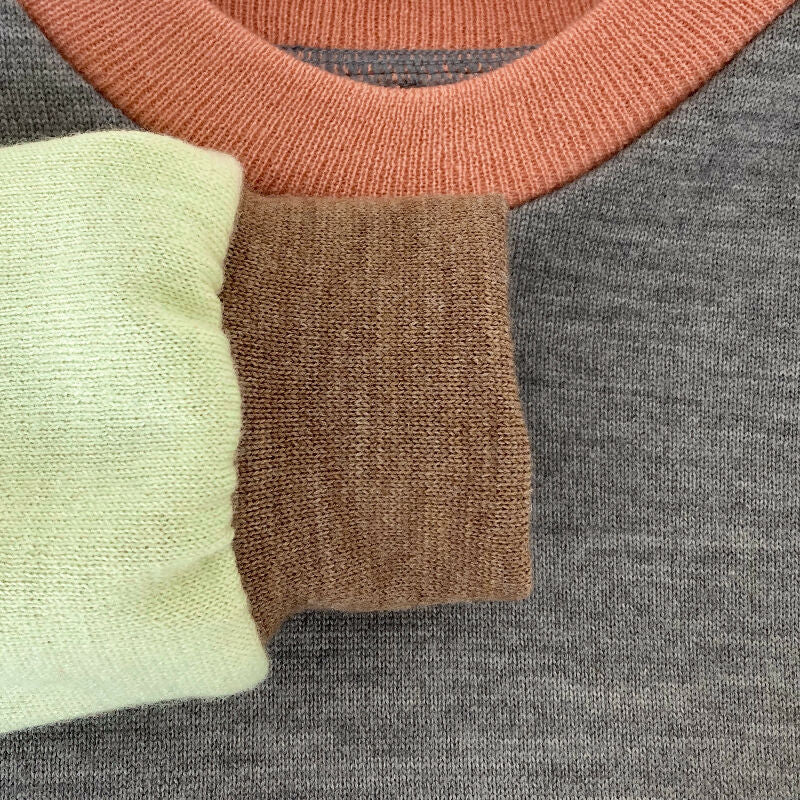 kronjuwel Wollpullover Größe 92 grau hellgrün bunt Upcyling Colorblockpullover