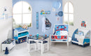 Kindersitzgruppe 'Rennfahrer', 2 Kinderstühle & 1 Tisch, mit Fahrzeug-Motiven in blau