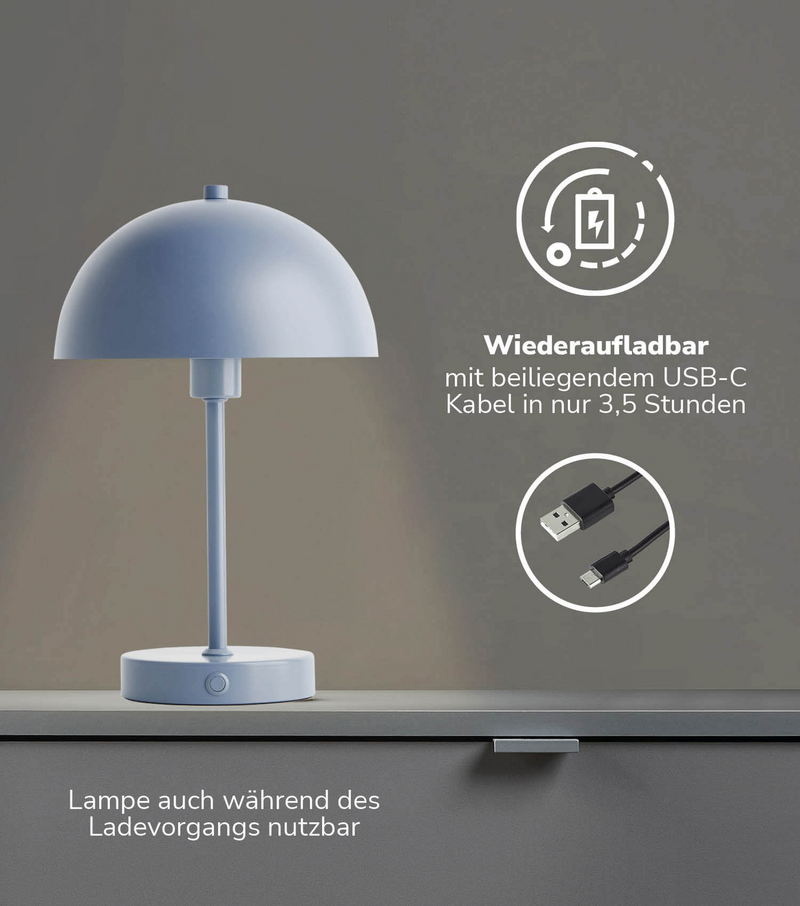 mokebo LED Tischlampe kabellos, Akku Tischleuchte dimmbar & aufladbar mit USB-C