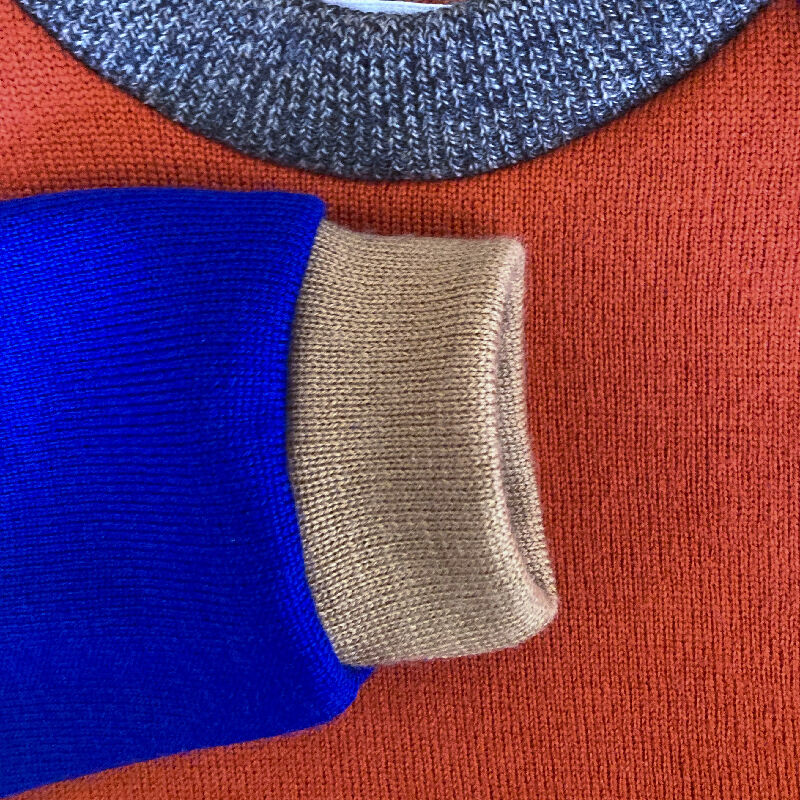 kronjuwel Wollpullover Größe 92 orange blau braun Upcyling Colorblockpullover