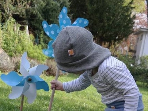 Sun hat summer hat baby toddler with neck protection made of 100% rescued wool head circumference 42 - 45 cm in grey