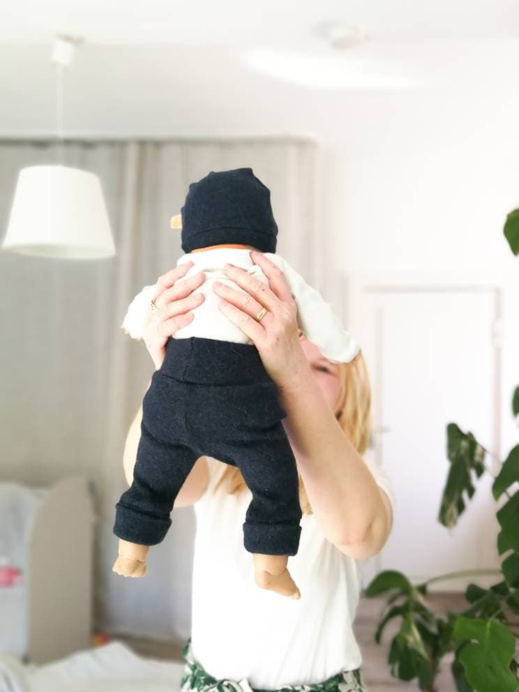 Set of trousers and hat for premature babies 40/44 made of 100% rescued alpaca wool in dark blue