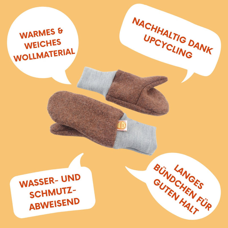 Handschuhe Fäustlinge für Babys 0 bis 1 Jahr aus Upcycling Wolle in Braun und Grau