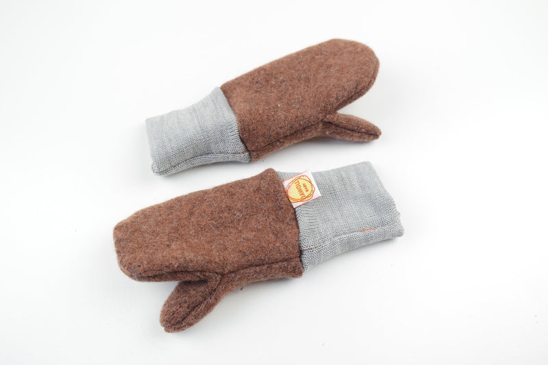 Gloves mittens for children 3-5 years made of upcycled wool in brown and grey