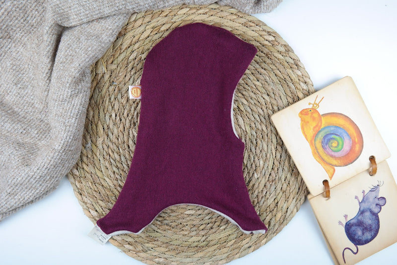 Reversible hat for babies 34 - 42 cm upcycling silk &amp; cashmere purple cream