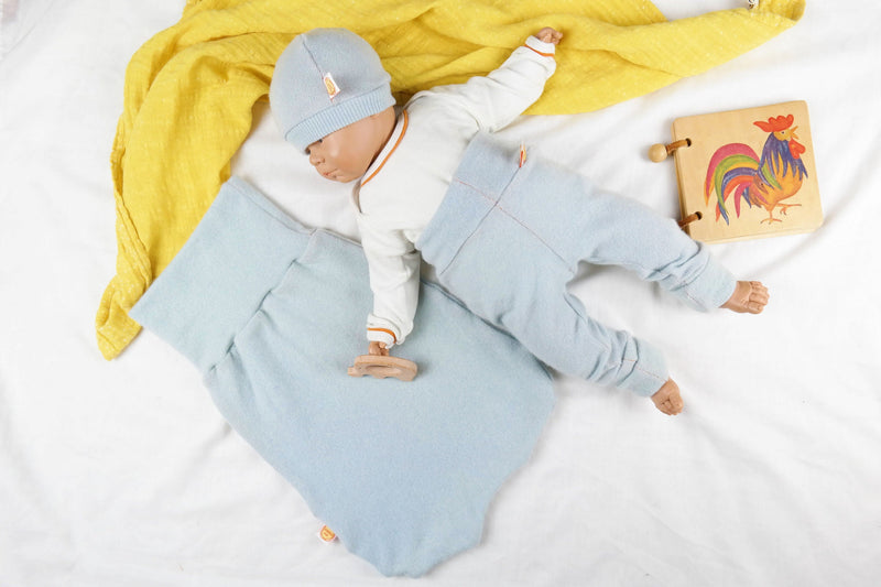 Baby gift set of romper, pants and hat 50/56 made of 100% upcycled cashmere in light blue