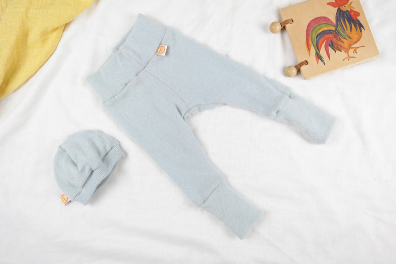 Baby gift set of romper, pants and hat 50/56 made of 100% upcycled cashmere in light blue