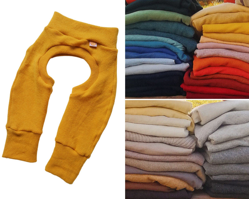 Cowboyhose Abhaltehose Chaps Windelfreikleidung für Babys und Kleinkinder aus 100 % Upcycling-Wolle in deiner Wunschfarbe