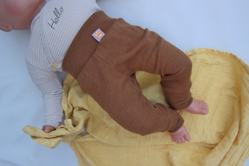 Growing pants for babies 62/68 made from upcycled wool in caramel brown