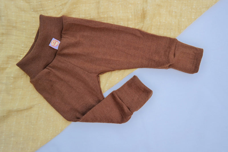 Growing pants for babies 62/68 made from upcycled wool in caramel brown