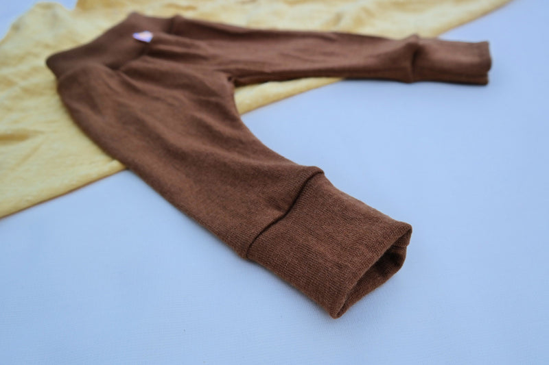 Growing pants for babies 62/68 made from upcycled wool in caramel brown