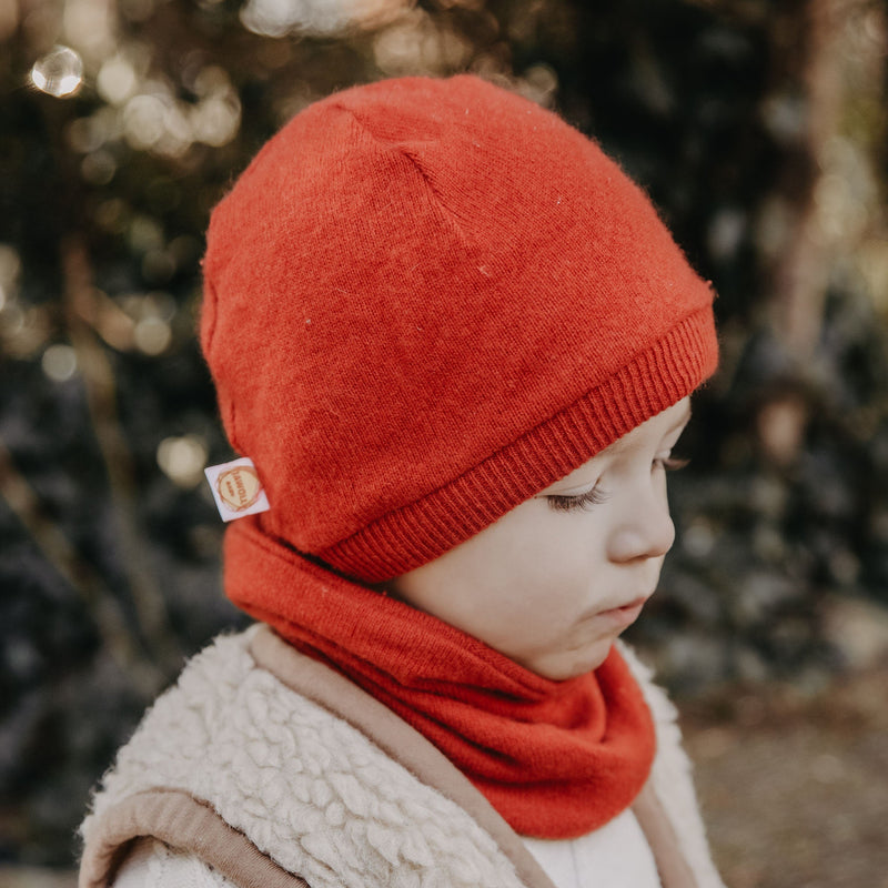 Mütze Beanie für Kleinkinder KU 52-55 aus Upcycling Wolle in Blau Orange gestreift