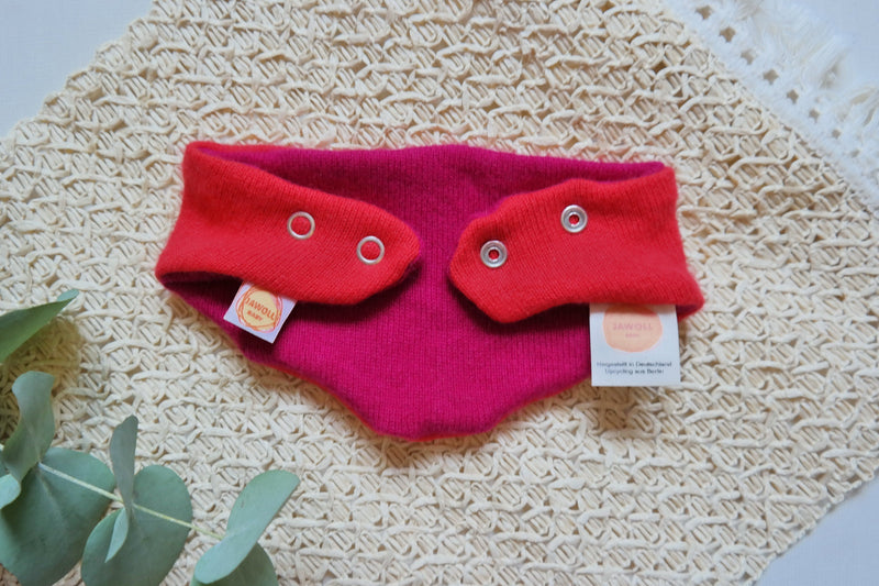 Triangle scarf, grows with your child and is reversible for babies made from upcycled silk &amp; cashmere in fuchsia pink and magenta purple