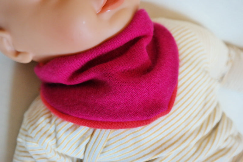 Triangle scarf, grows with your child and is reversible for babies made from upcycled silk &amp; cashmere in fuchsia pink and magenta purple