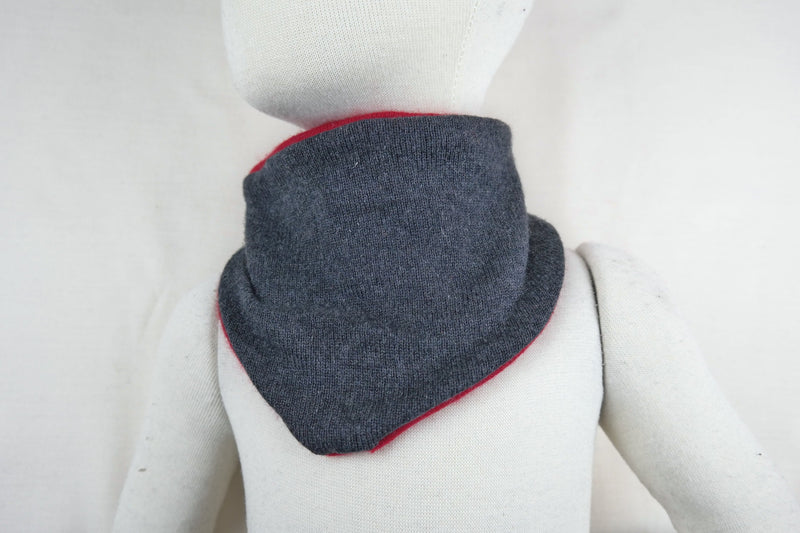 Triangular scarf, grows with your child and is reversible for children made from upcycled silk &amp; cashmere in red and dark grey