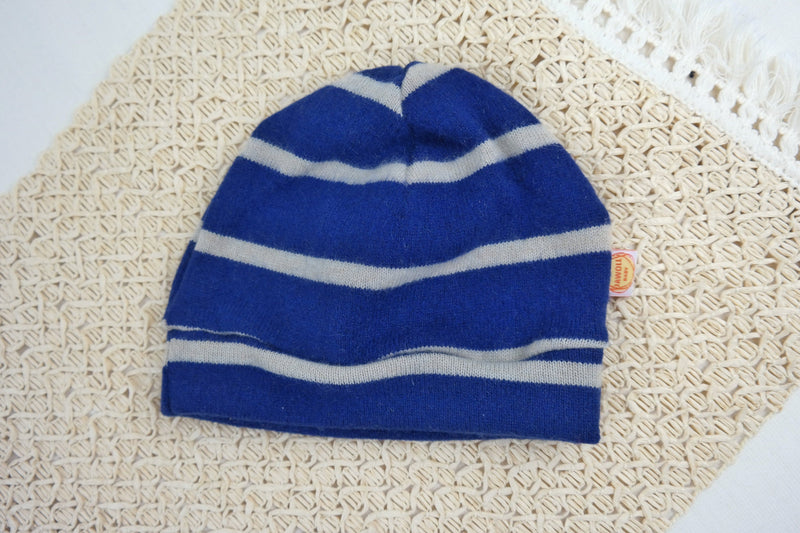 Warm hat for babies toddlers KU 46-48cm / 1-2J made of upcycled cashmere in blue beige striped