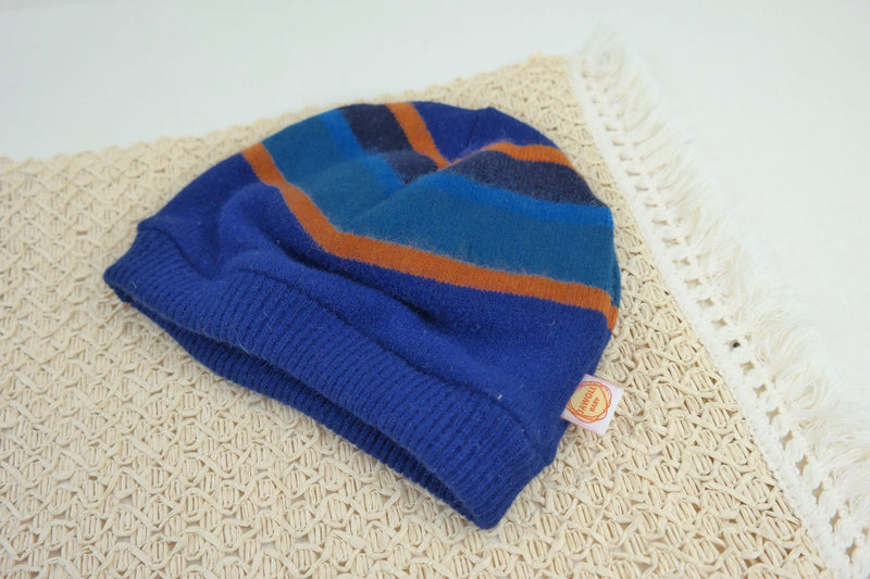 Mütze Beanie für Kleinkinder KU 52-55 aus Upcycling Wolle in Blau Orange gestreift