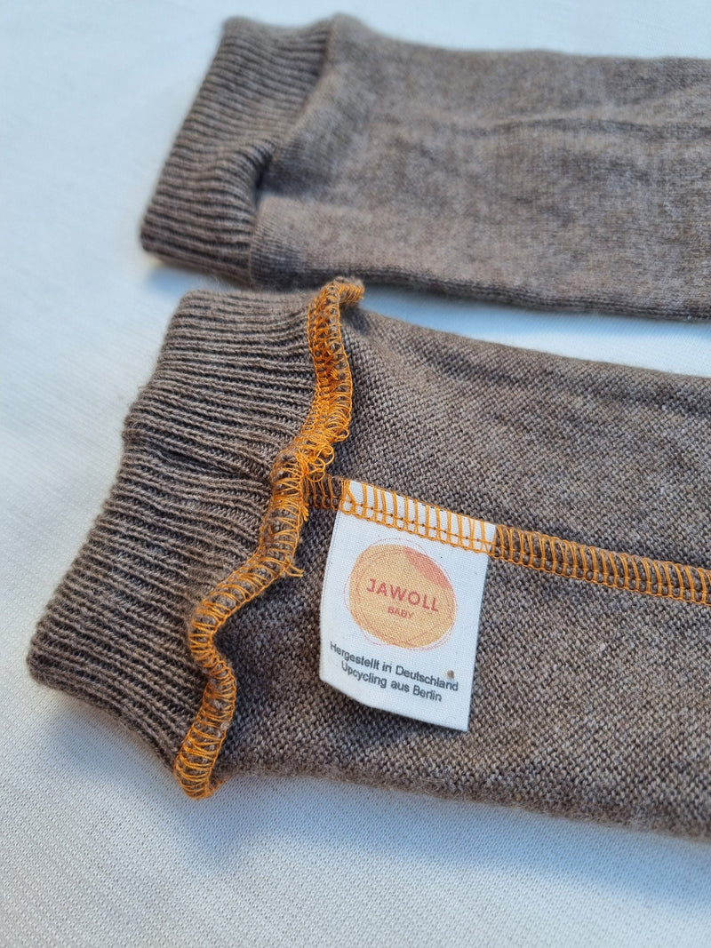 Leg warmers for toddlers made from upcycled silk &amp; cashmere in light brown