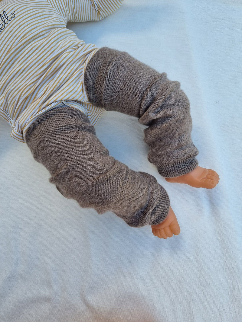 Leg warmers for toddlers made from upcycled silk &amp; cashmere in light brown