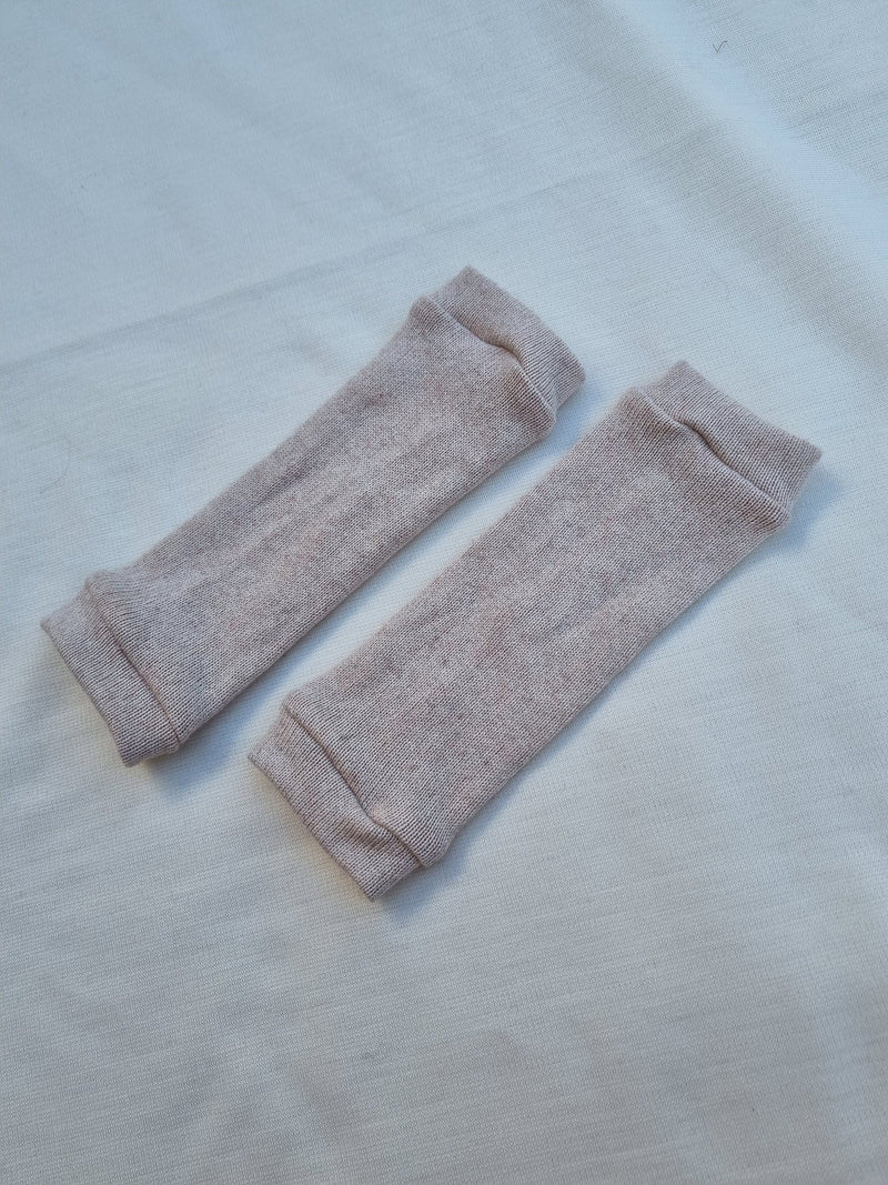 Leg warmers for babies and toddlers made from upcycled silk and cashmere in sand beige