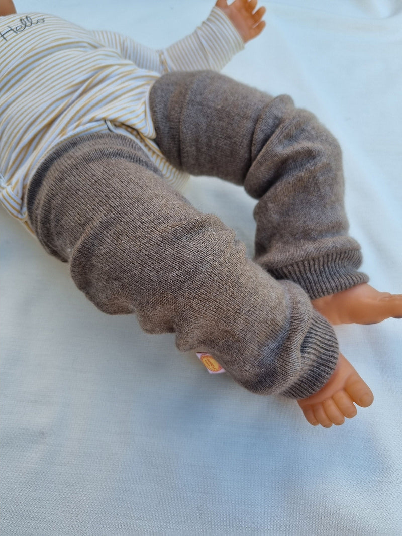 Leg warmers for toddlers made from upcycled silk &amp; cashmere in light brown