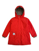 Jungs & Deerns red parka jacket with grey fleece lining, hood, and star detail. Size 128.